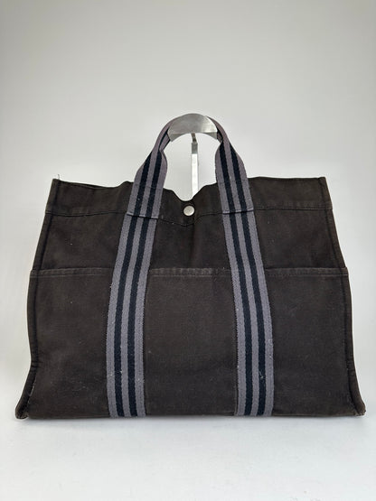 Vintage Hermes Fourre Tout Canvas Tote Bag Black Grey