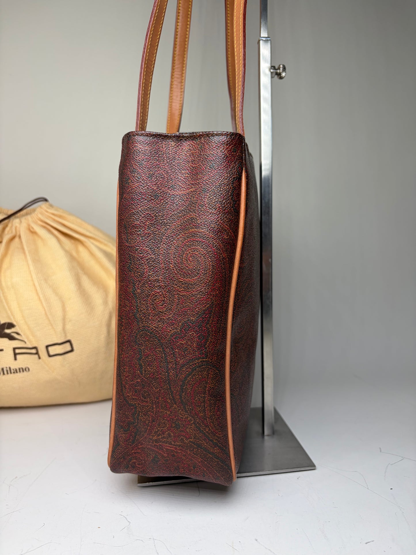 Vintage Etro Paisley Leather Tote Bag Burgundy Green