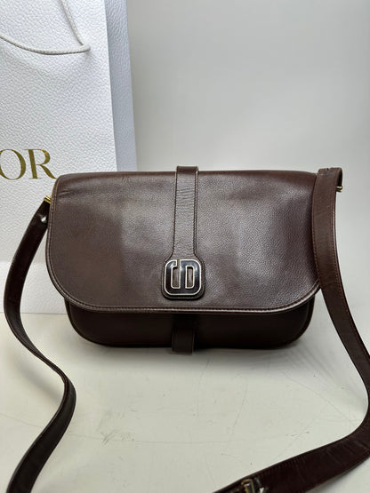Vintage Dior Structured Leather Crossbody Bag Dark Brown Gold
