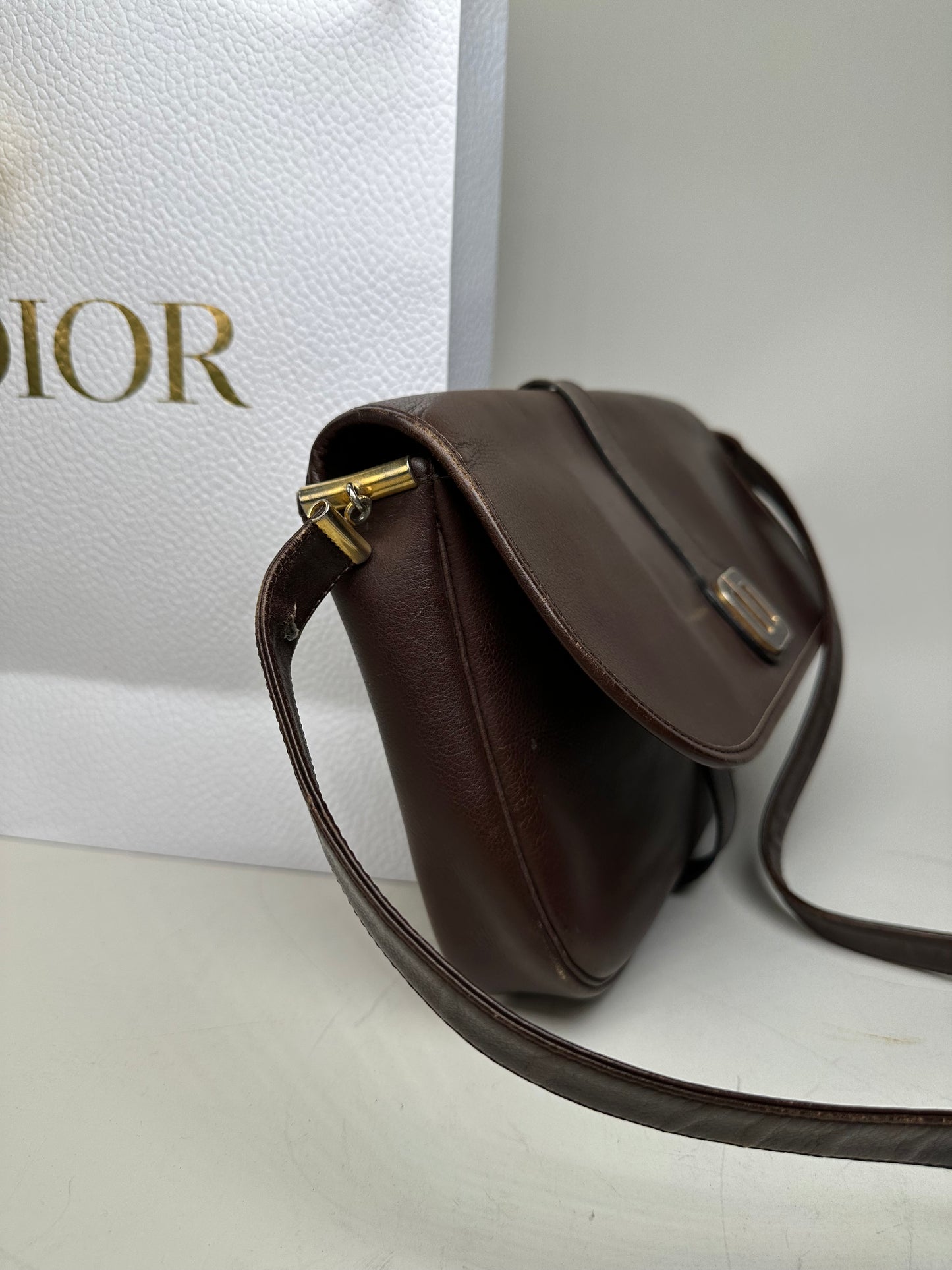Vintage Dior Structured Leather Crossbody Bag Dark Brown Gold