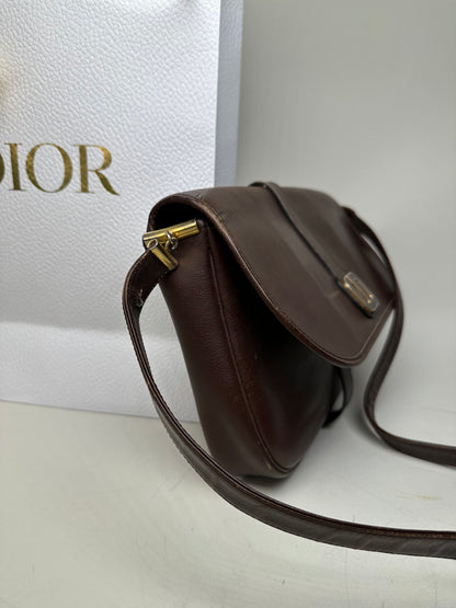 Vintage Dior Structured Leather Crossbody Bag Dark Brown Gold