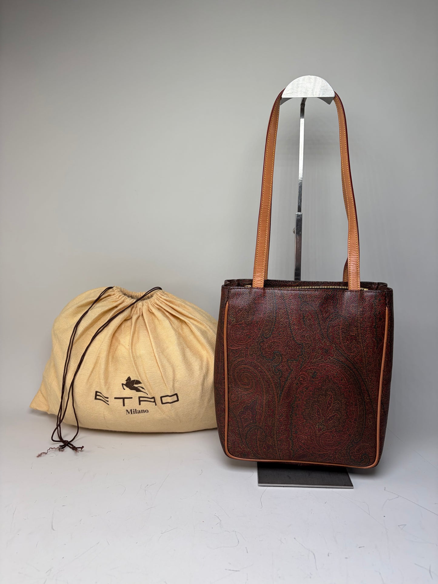 Vintage Etro Paisley Leather Tote Bag Burgundy Green