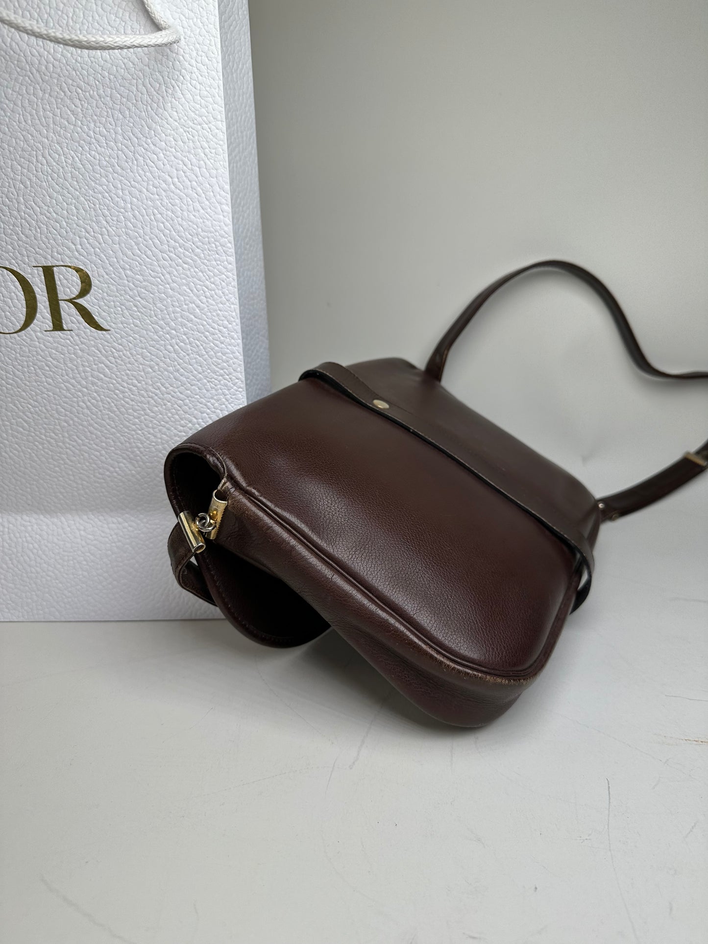 Vintage Dior Structured Leather Crossbody Bag Dark Brown Gold