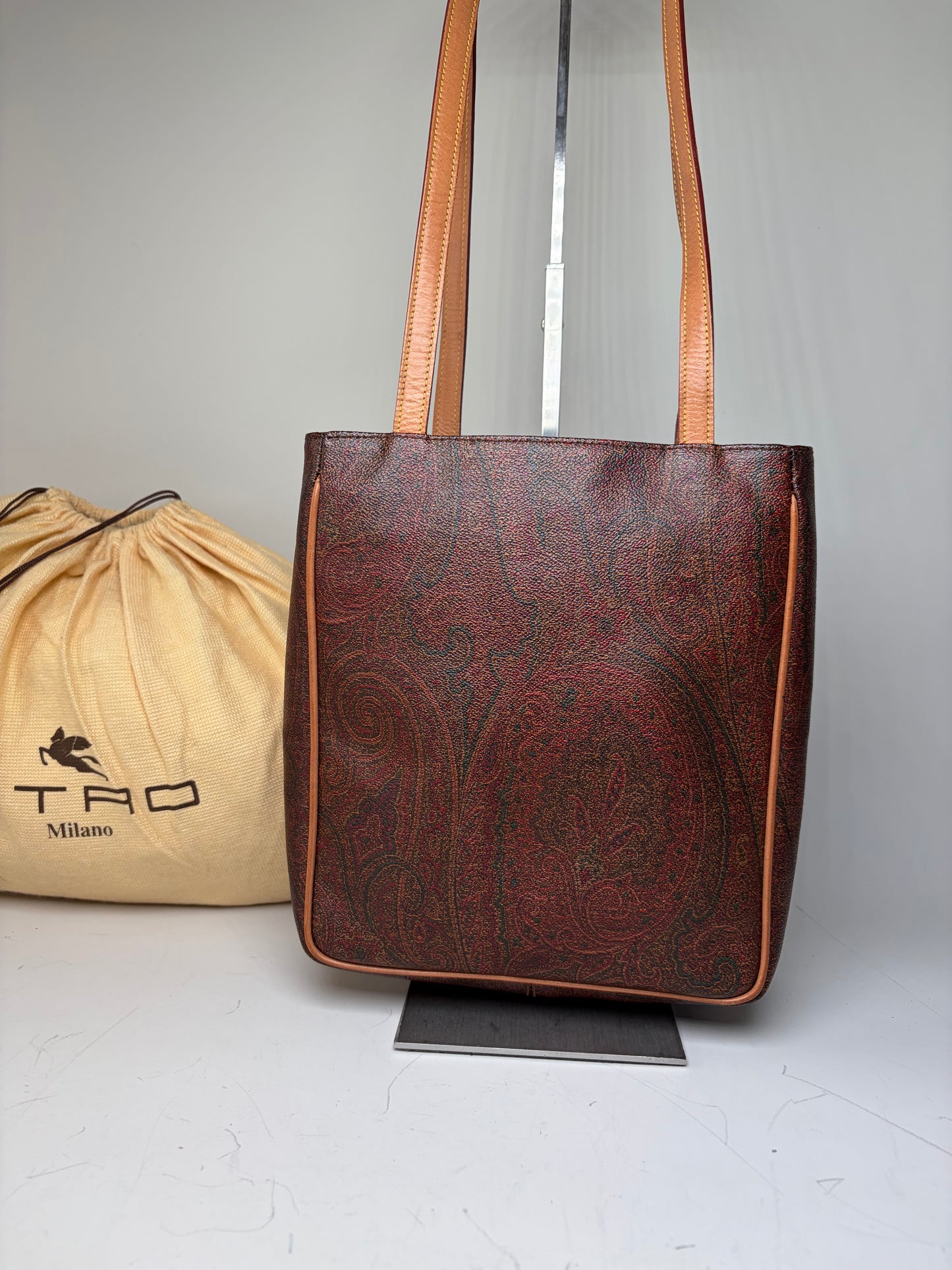 Vintage Etro Paisley Leather Tote Bag Burgundy Green