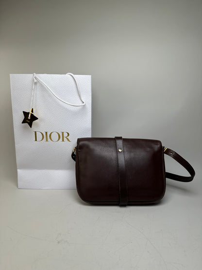 Vintage Dior Structured Leather Crossbody Bag Dark Brown Gold
