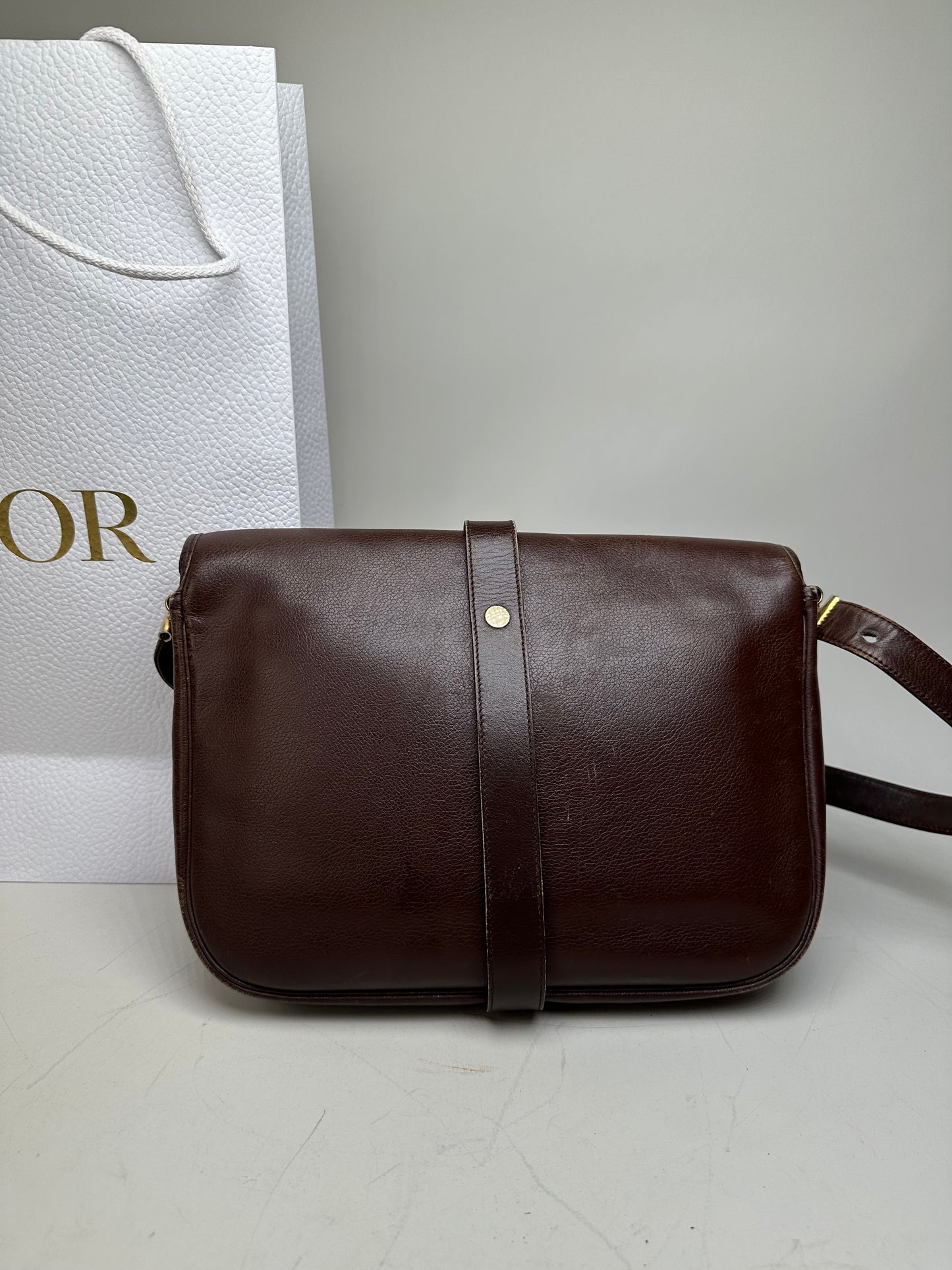 Vintage Dior Structured Leather Crossbody Bag Dark Brown Gold