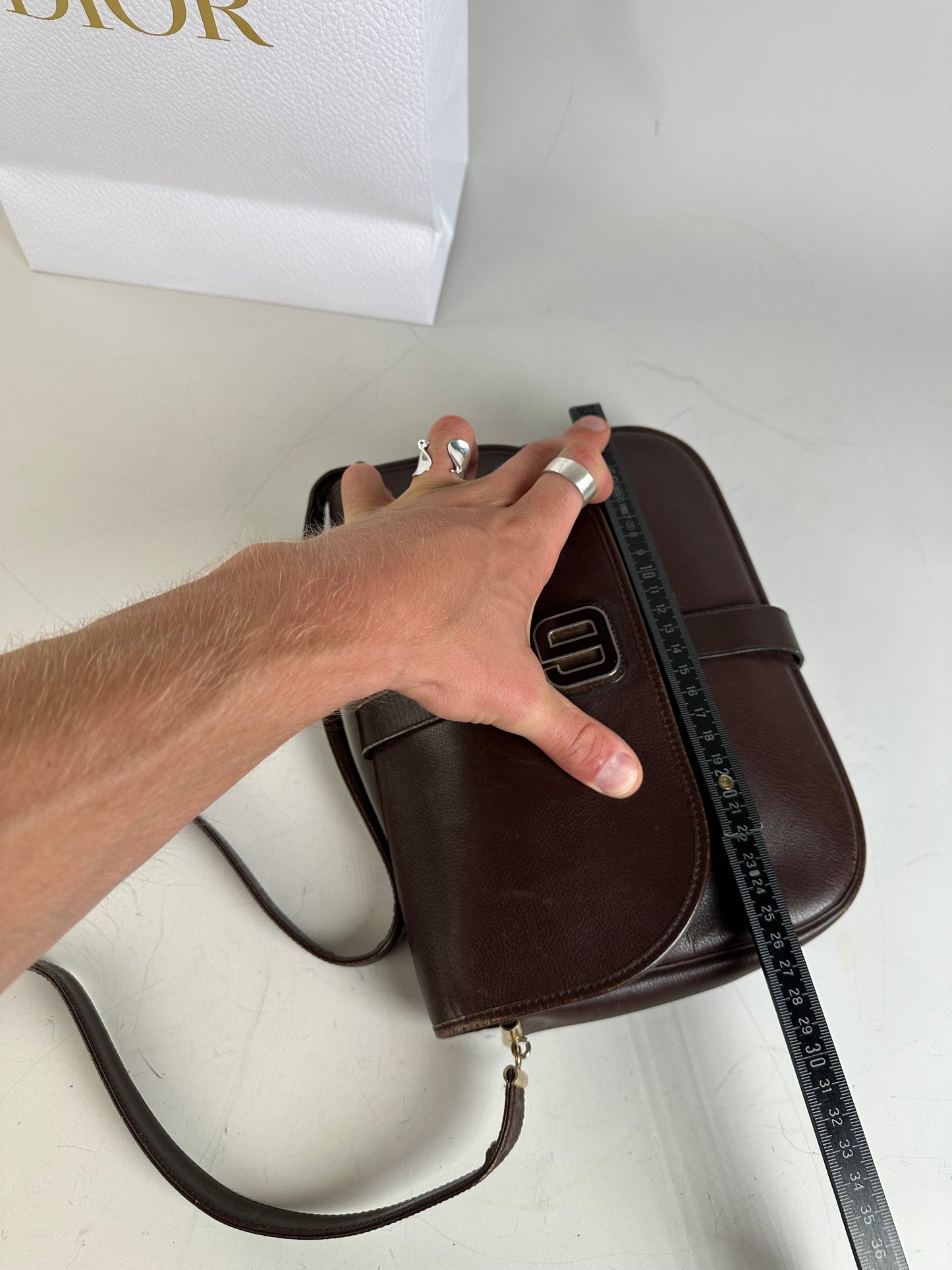 Vintage Dior Structured Leather Crossbody Bag Dark Brown Gold