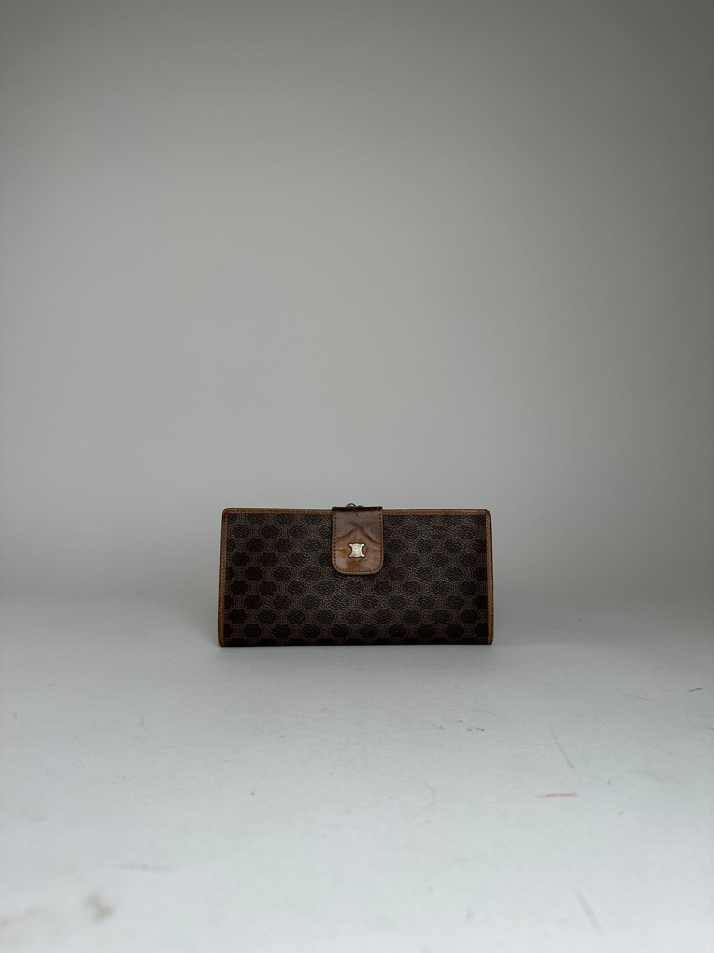 Vintage Celine Paris Macadam Triomphe Monogram Coated Canvas Long Wallet Brown