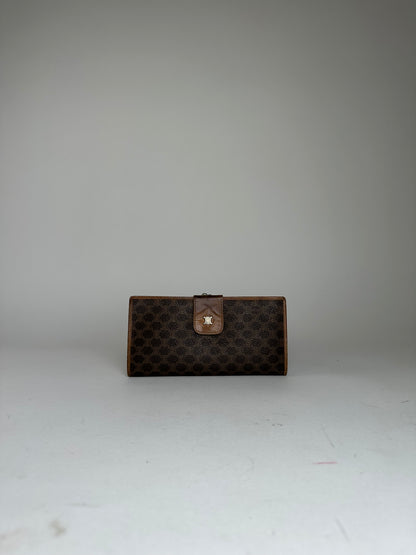 Vintage Celine Paris Macadam Triomphe Monogram Coated Canvas Long Wallet Brown