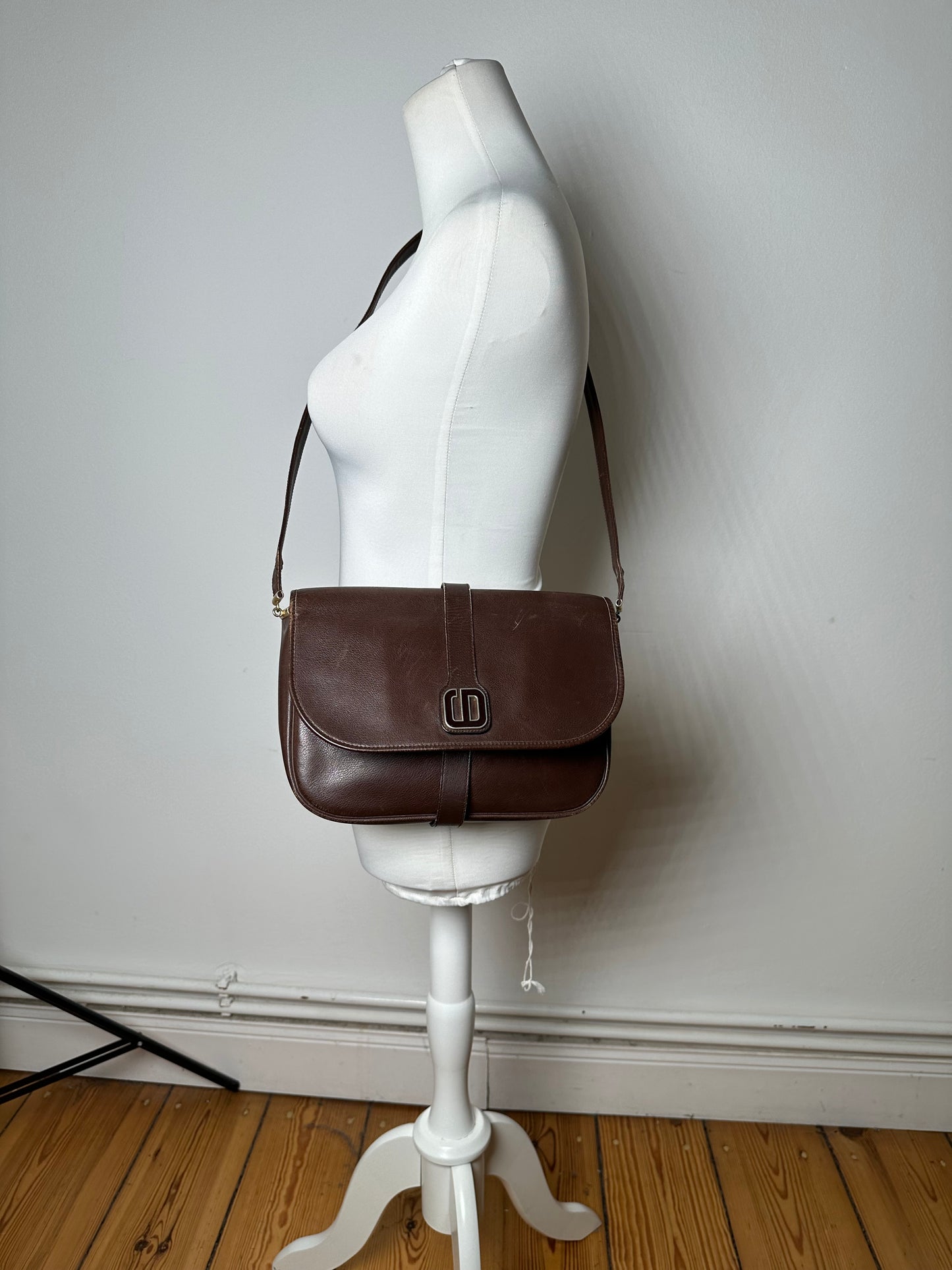 Vintage Dior Structured Leather Crossbody Bag Dark Brown Gold