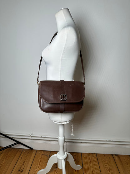 Vintage Dior Structured Leather Crossbody Bag Dark Brown Gold