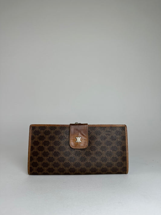 Vintage Celine Paris Macadam Triomphe Monogram Coated Canvas Long Wallet Brown