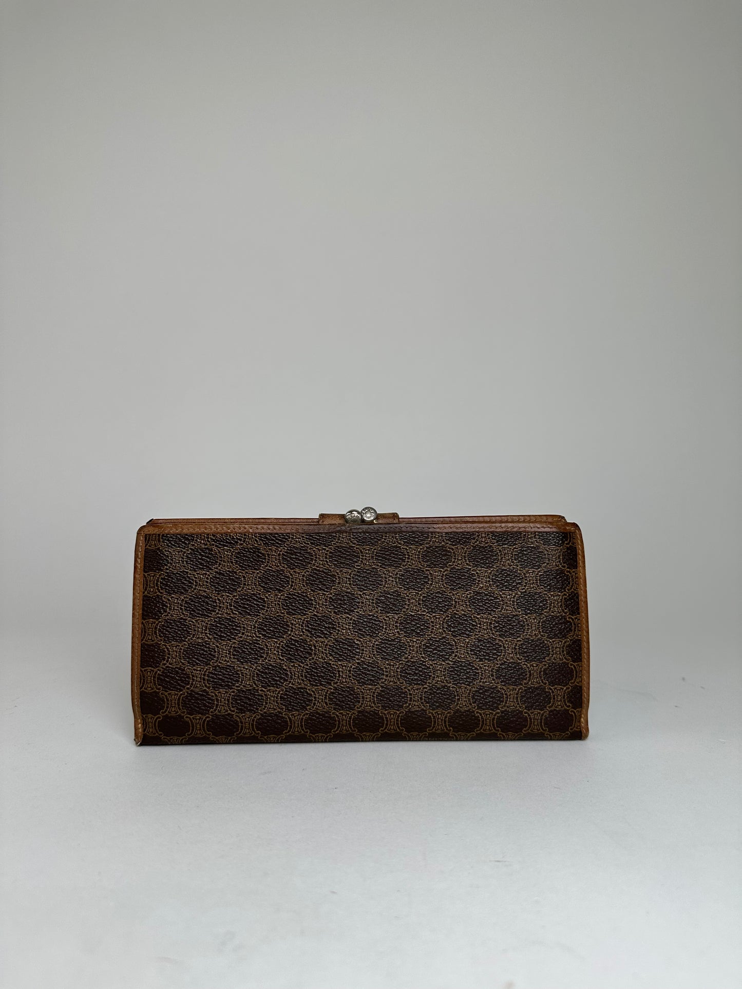 Vintage Celine Paris Macadam Triomphe Monogram Coated Canvas Long Wallet Brown