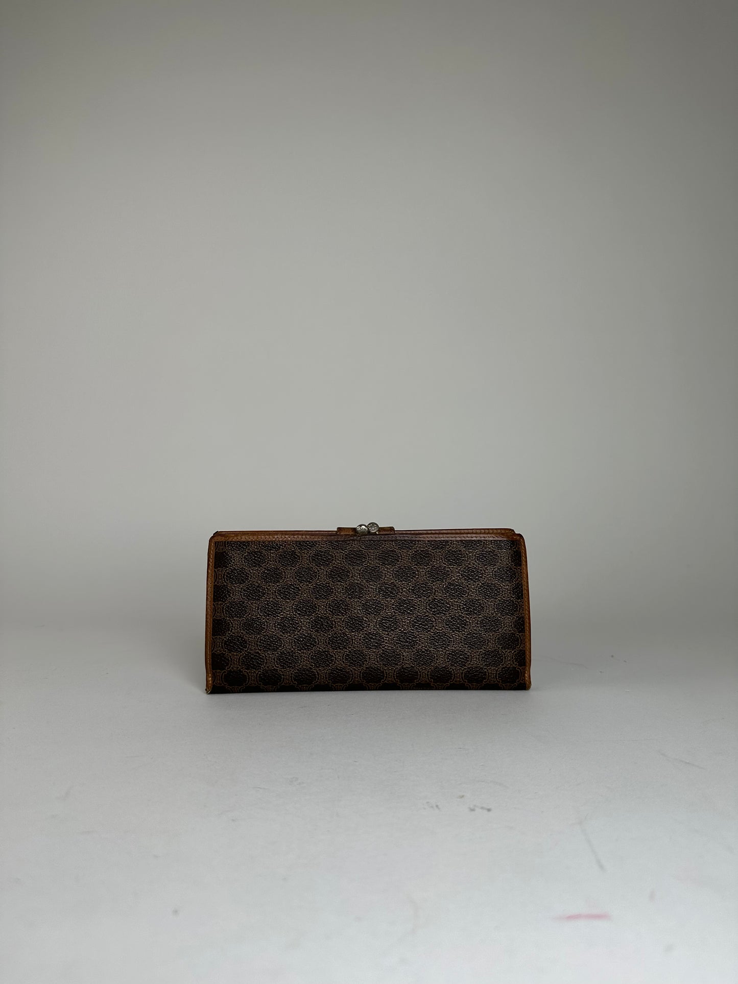 Vintage Celine Paris Macadam Triomphe Monogram Coated Canvas Long Wallet Brown