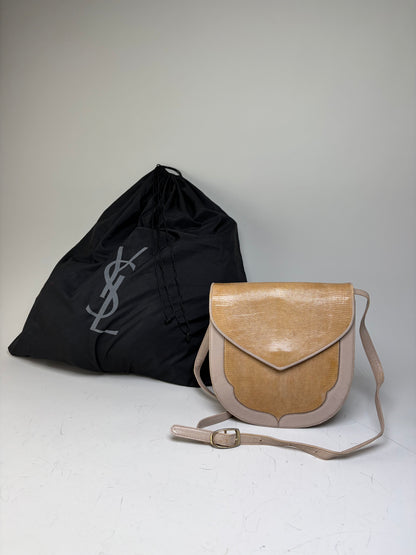Vintage Yves Saint Laurent Embossed Leather Shoulder Bag Beige Tan