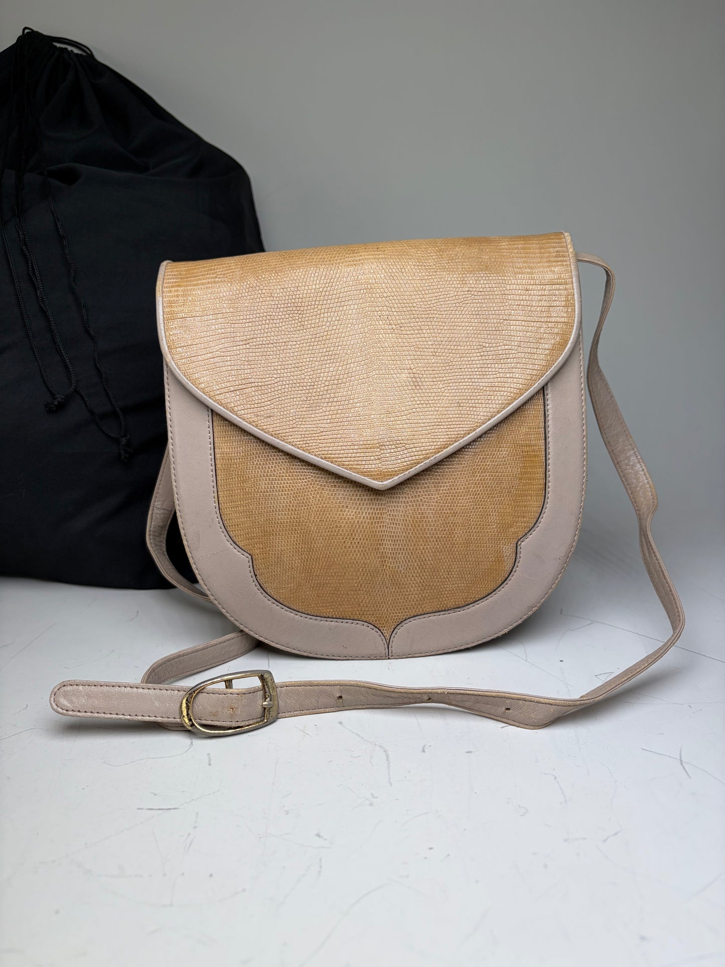 Vintage Yves Saint Laurent Embossed Leather Shoulder Bag Beige Tan