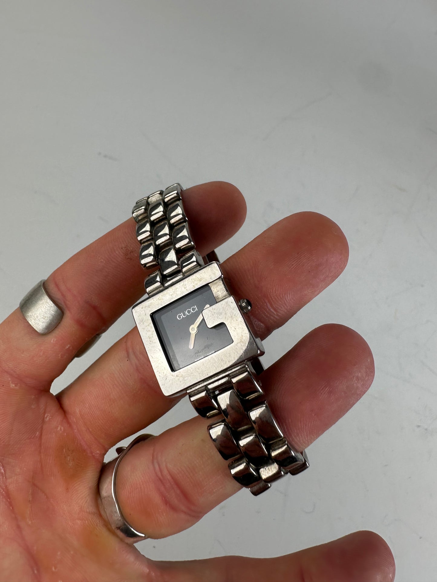 Vintage Gucci Stainless Steel Bracelet Watch Black Silver