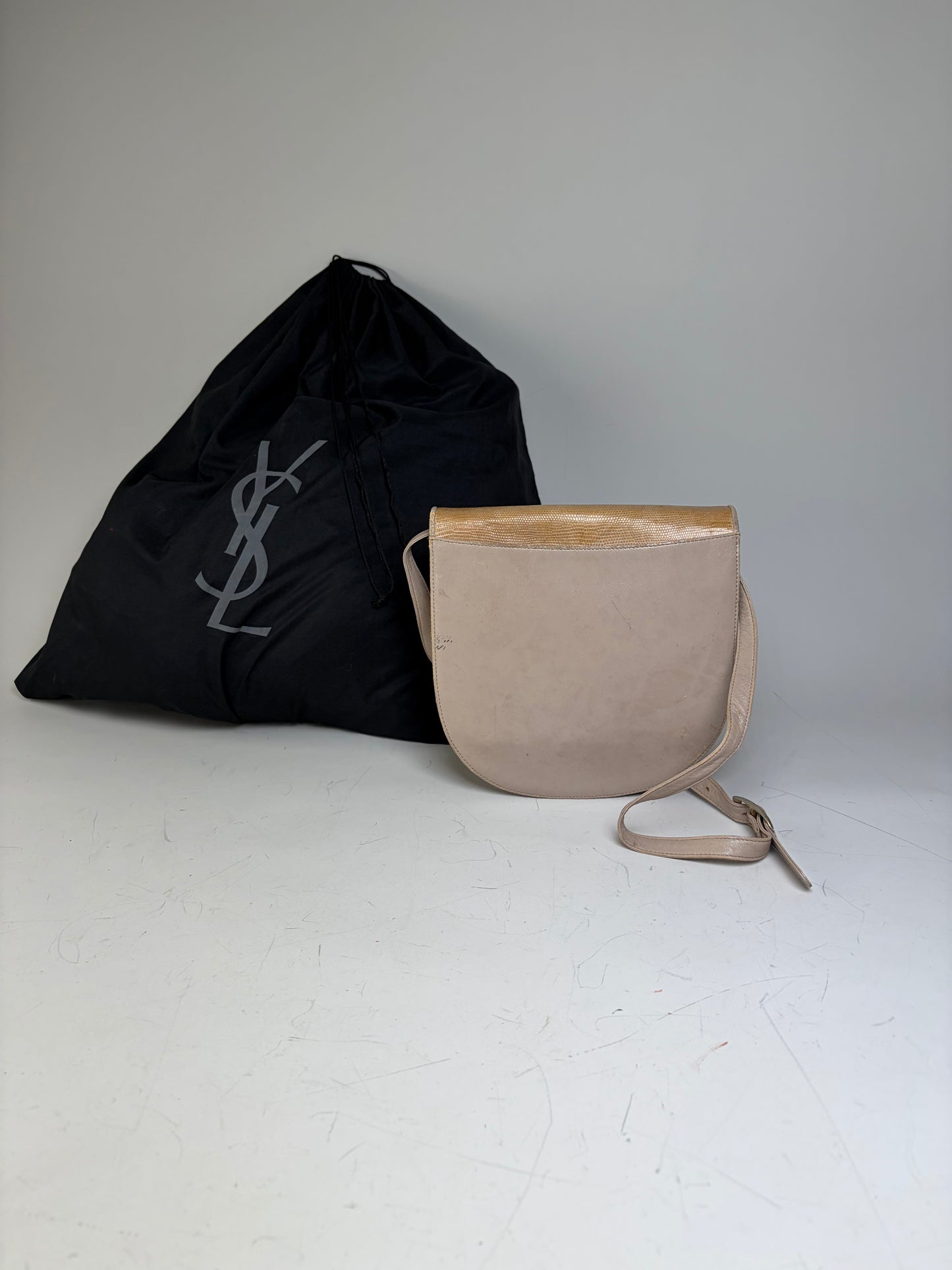 Vintage Yves Saint Laurent Embossed Leather Shoulder Bag Beige Tan