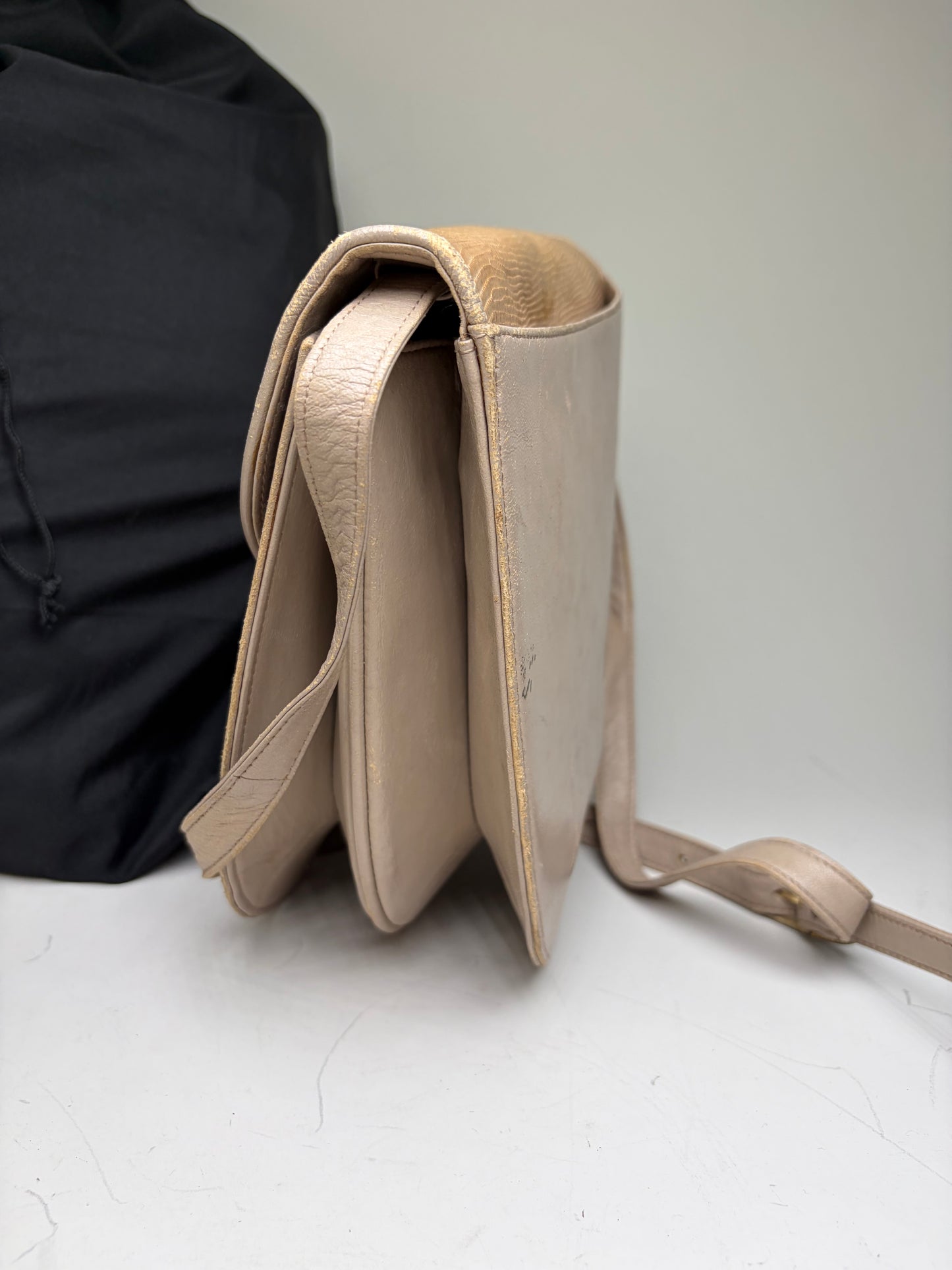 Vintage Yves Saint Laurent Embossed Leather Shoulder Bag Beige Tan