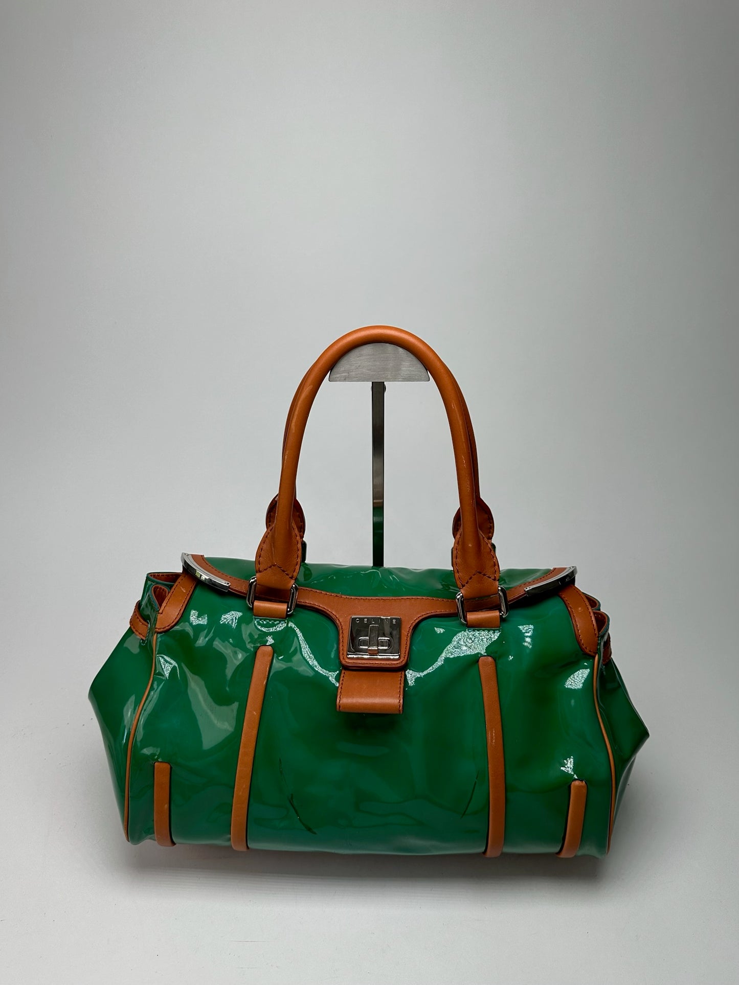 Vintage Celine Paris Patent leather duffel bag green / brown