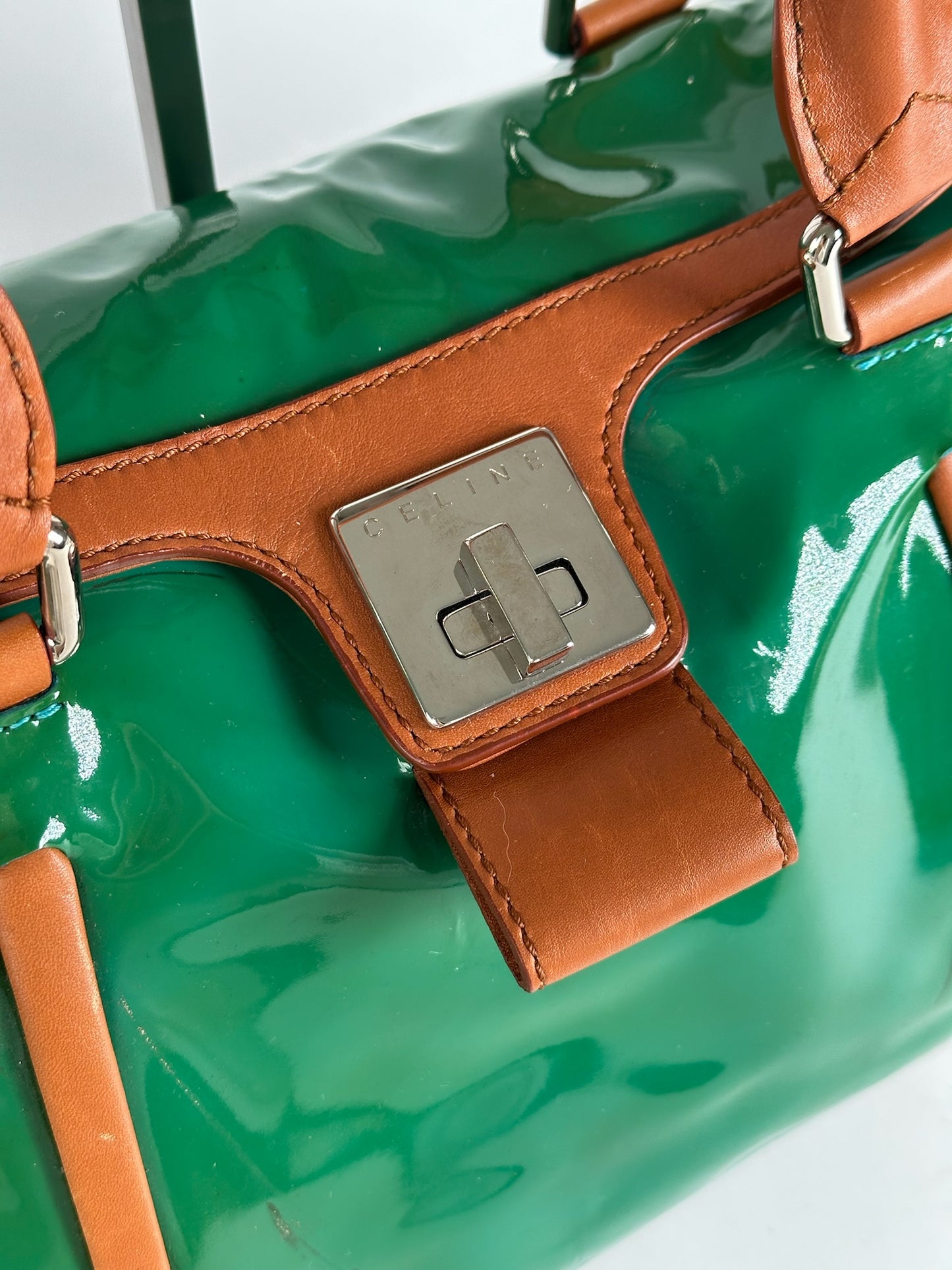 Vintage Celine Paris Patent leather duffel bag green / brown