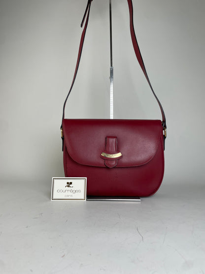 Vintage Courreges Leather Shoulder Bag Burgundy Gold-tone
