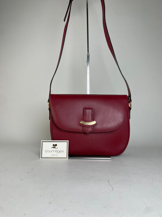 Vintage Courreges Leather Shoulder Bag Burgundy Gold-tone