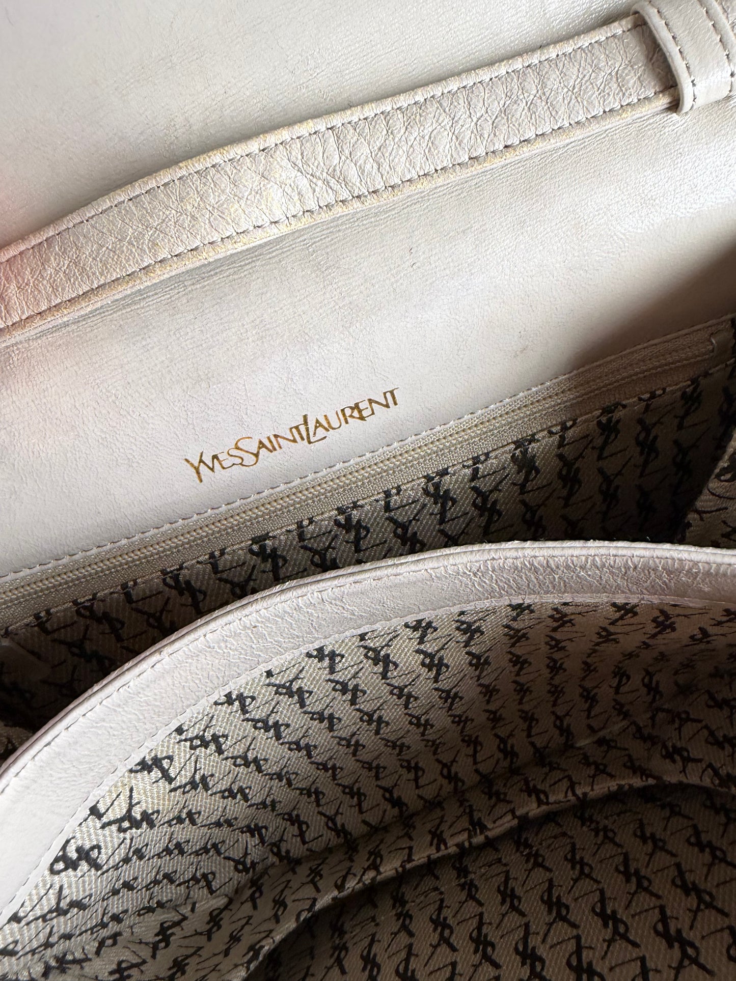 Vintage Yves Saint Laurent Embossed Leather Shoulder Bag Beige Tan
