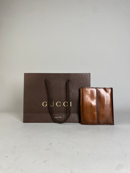 Vintage Gucci Leather Wallet Brown Gold Clasp