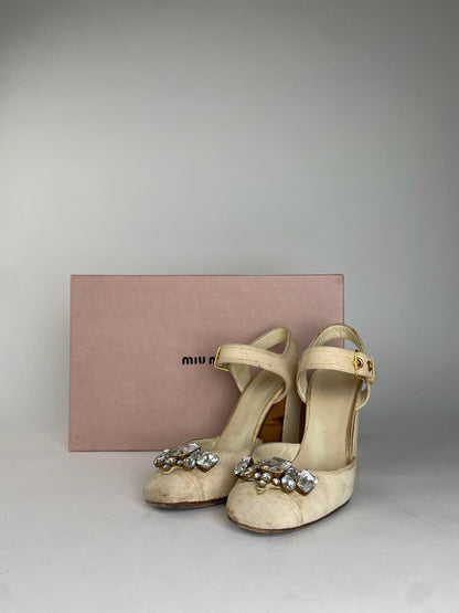 Miu Miu Leather Rhinestone Embellished Heels Beige