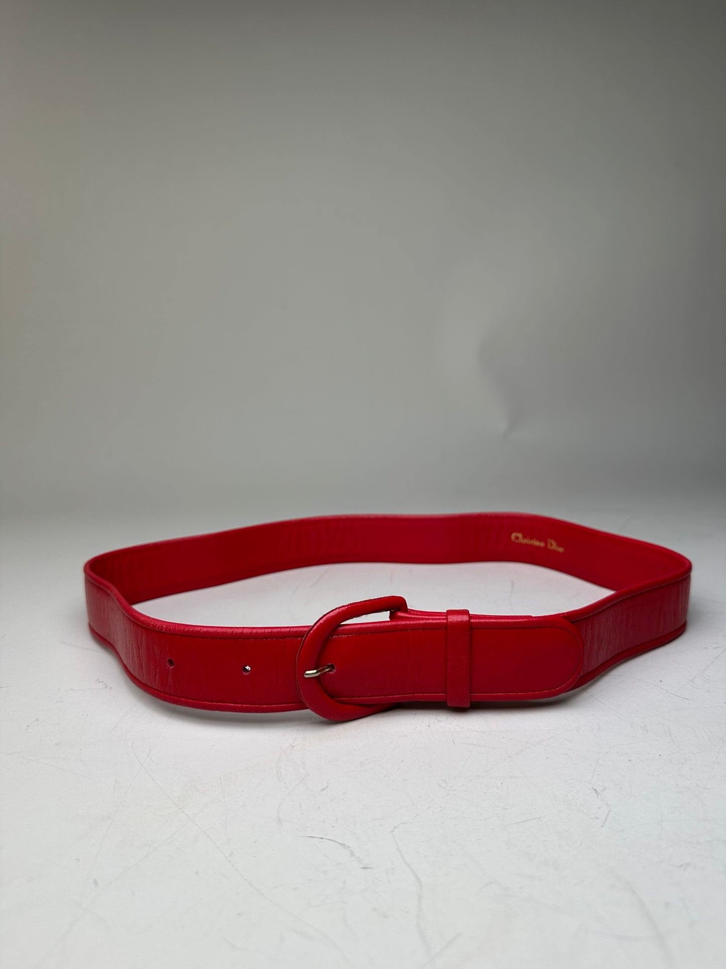 Vintage Dior Leather Belt Gold-Tone Buckle Red
