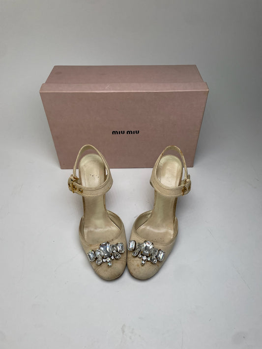 Miu Miu Leather Rhinestone Embellished Heels Beige