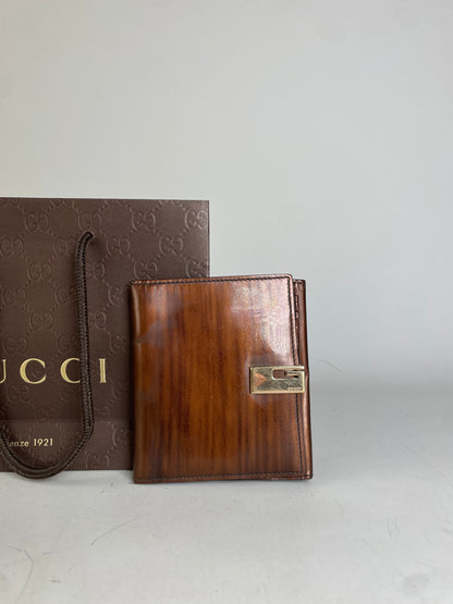 Vintage Gucci Leather Wallet Brown Gold Clasp