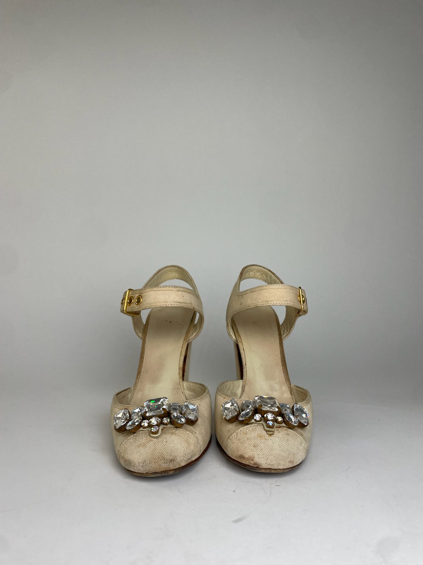 Miu Miu Leather Rhinestone Embellished Heels Beige