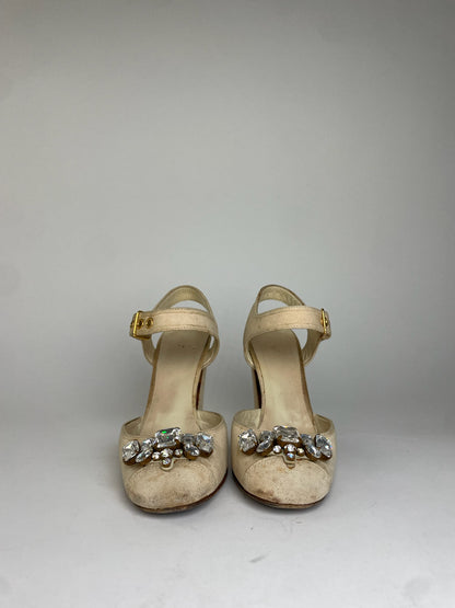 Miu Miu Leather Rhinestone Embellished Heels Beige