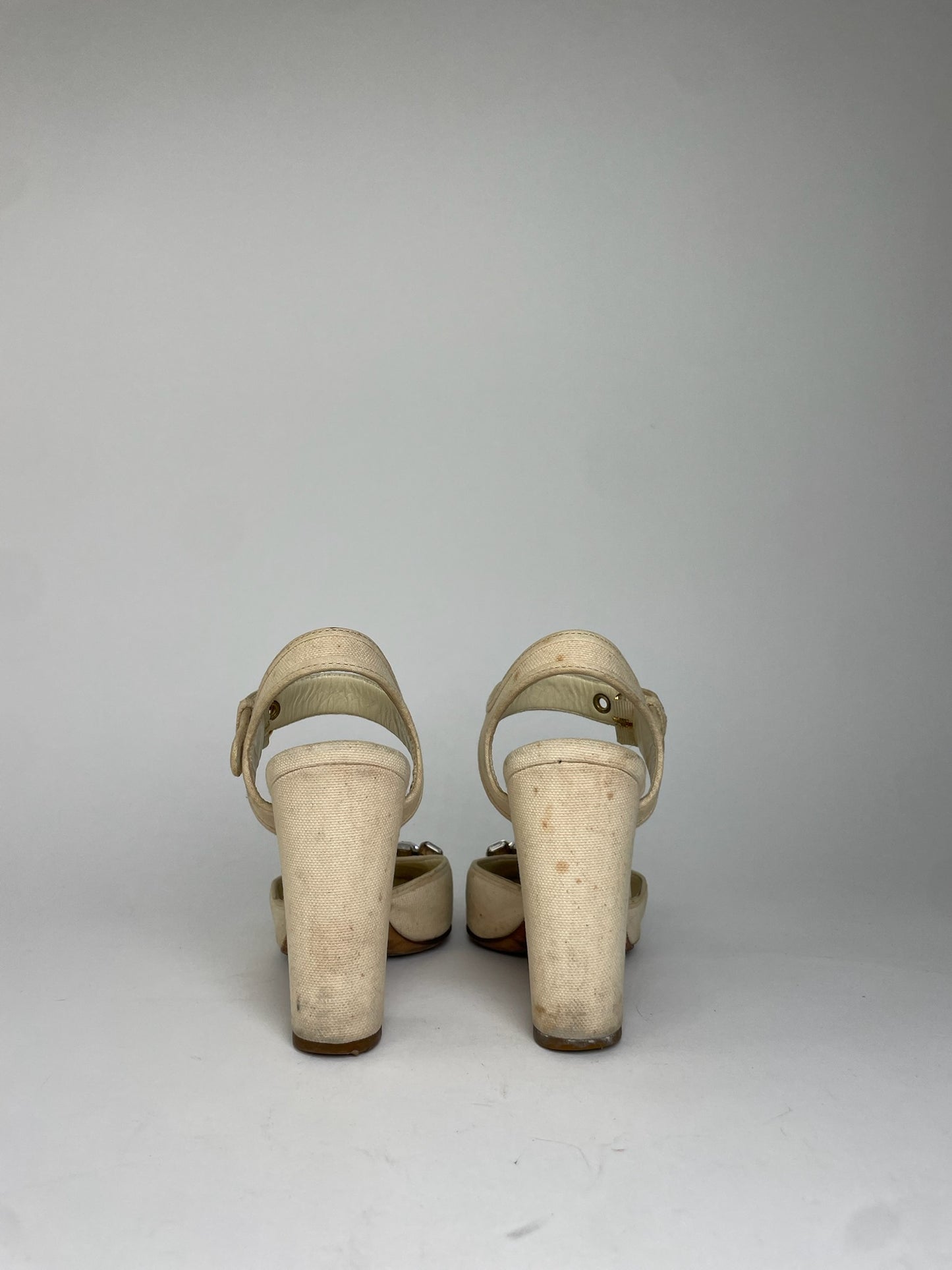 Miu Miu Leather Rhinestone Embellished Heels Beige