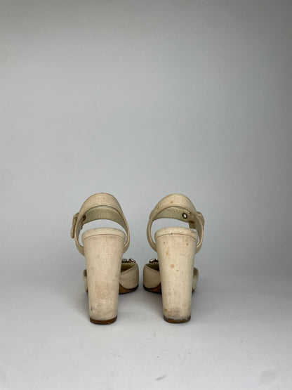 Miu Miu Leather Rhinestone Embellished Heels Beige