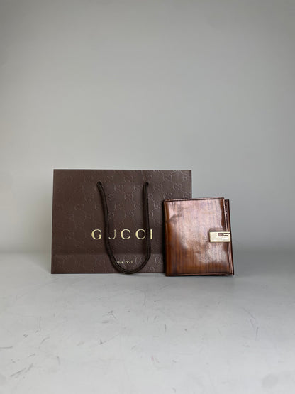 Vintage Gucci Leather Wallet Brown Gold Clasp