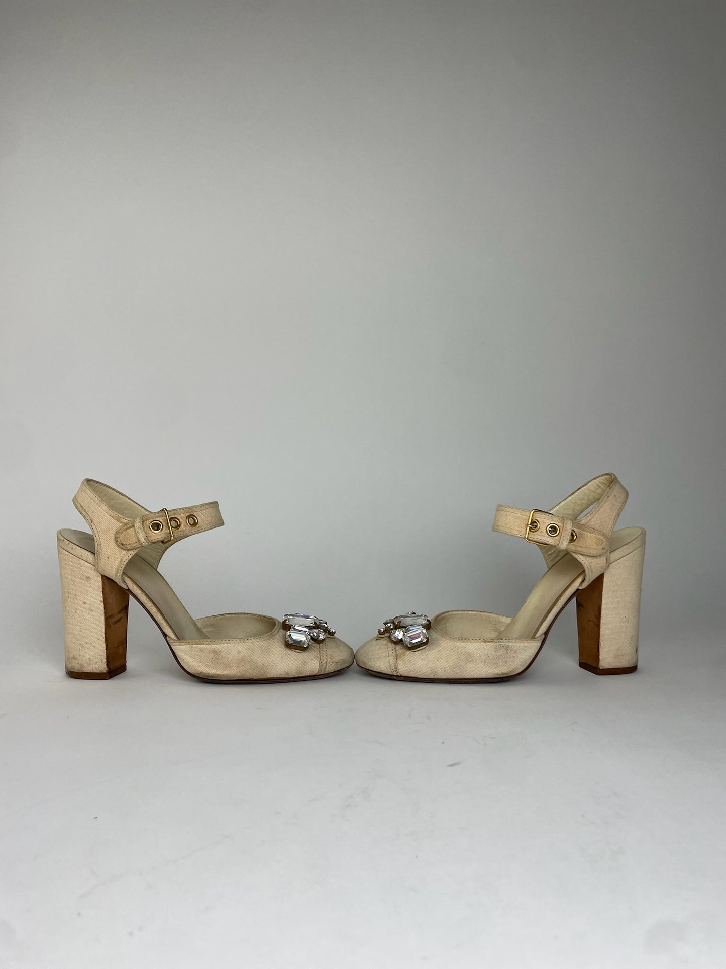 Miu Miu Leather Rhinestone Embellished Heels Beige