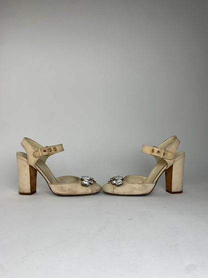 Miu Miu Leather Rhinestone Embellished Heels Beige