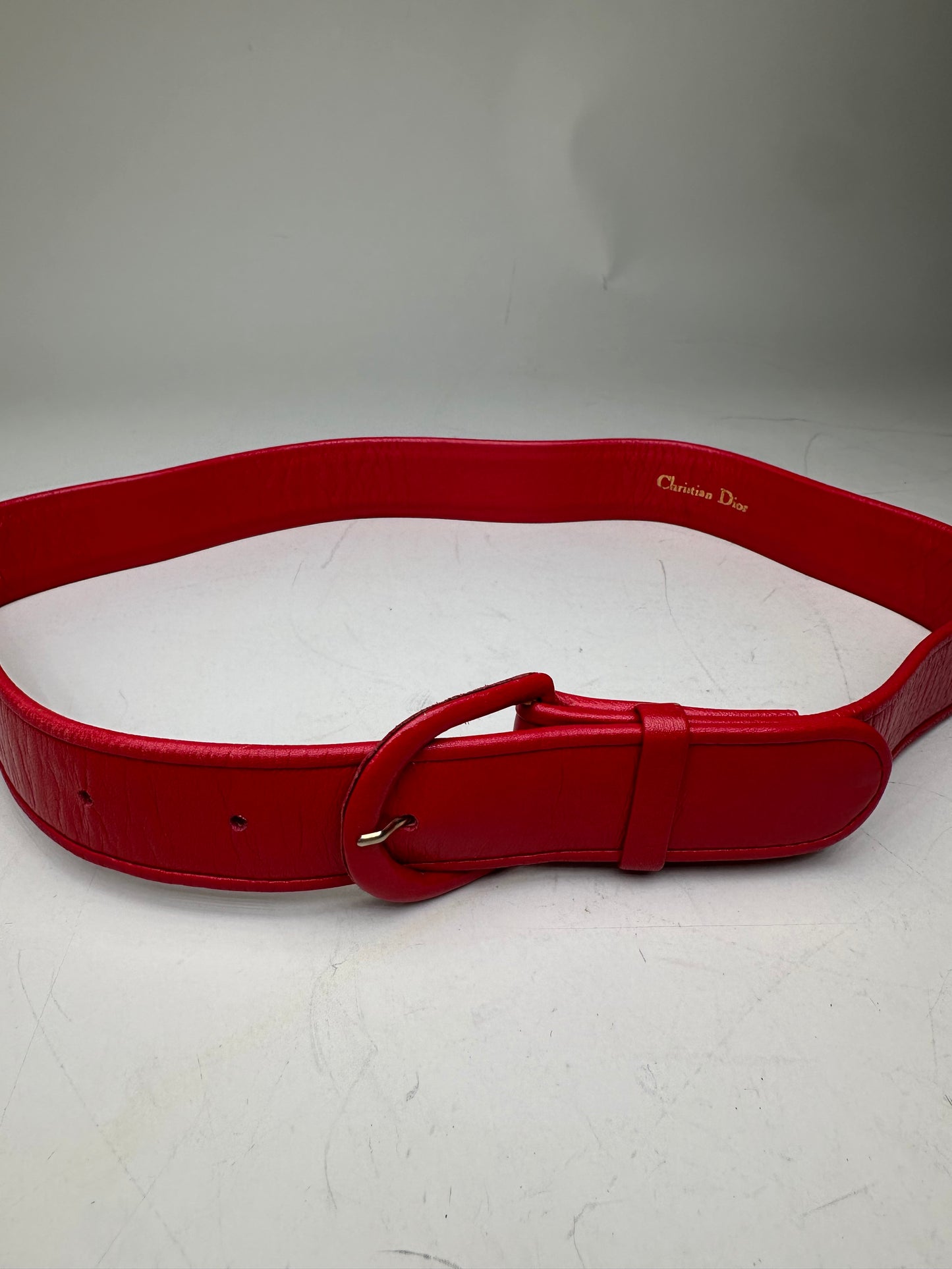 Vintage Dior Leather Belt Gold-Tone Buckle Red