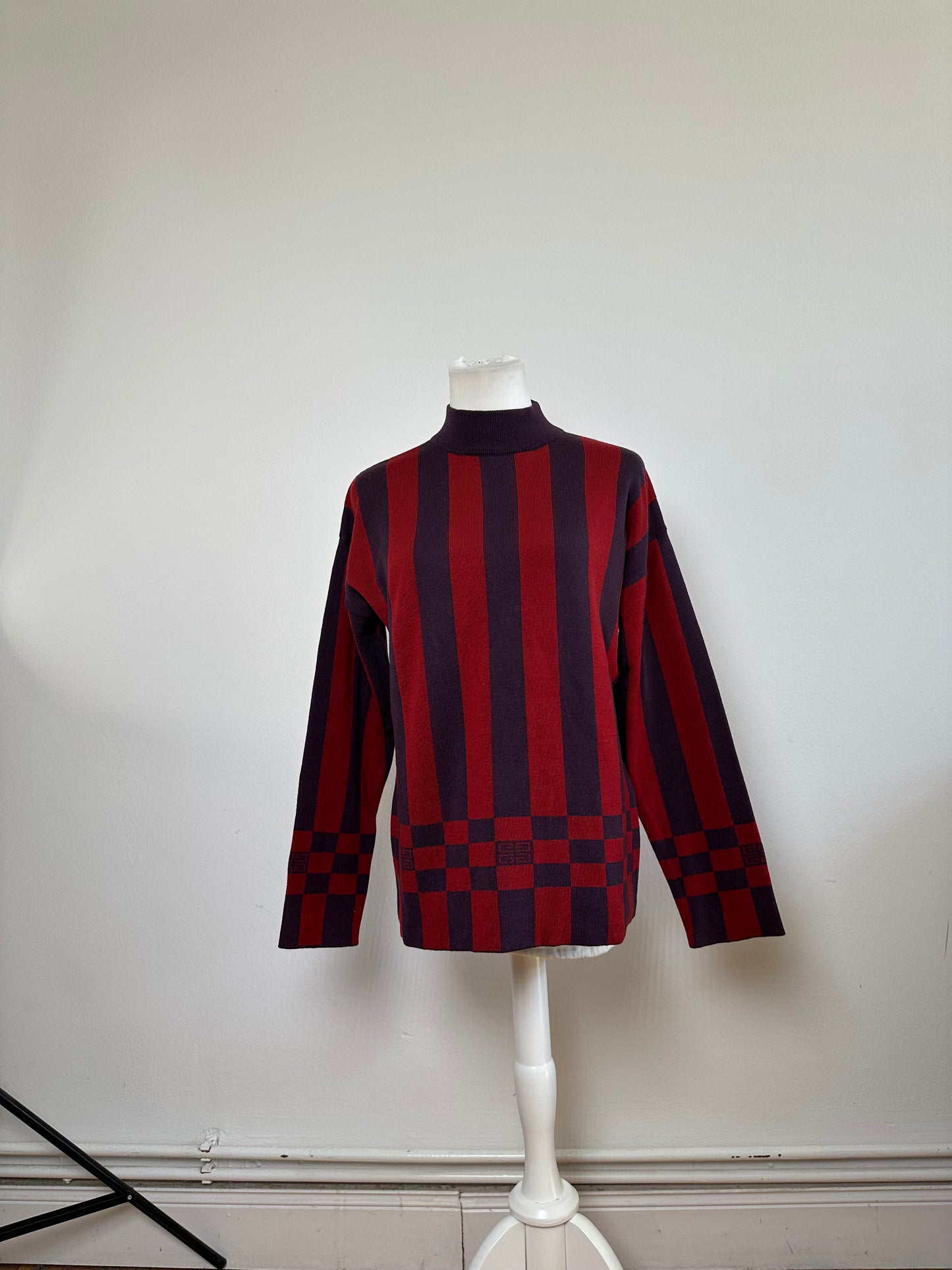 Vintage Givenchy 4G Logo Knit Mock Neck Sweater Striped Red Purple M