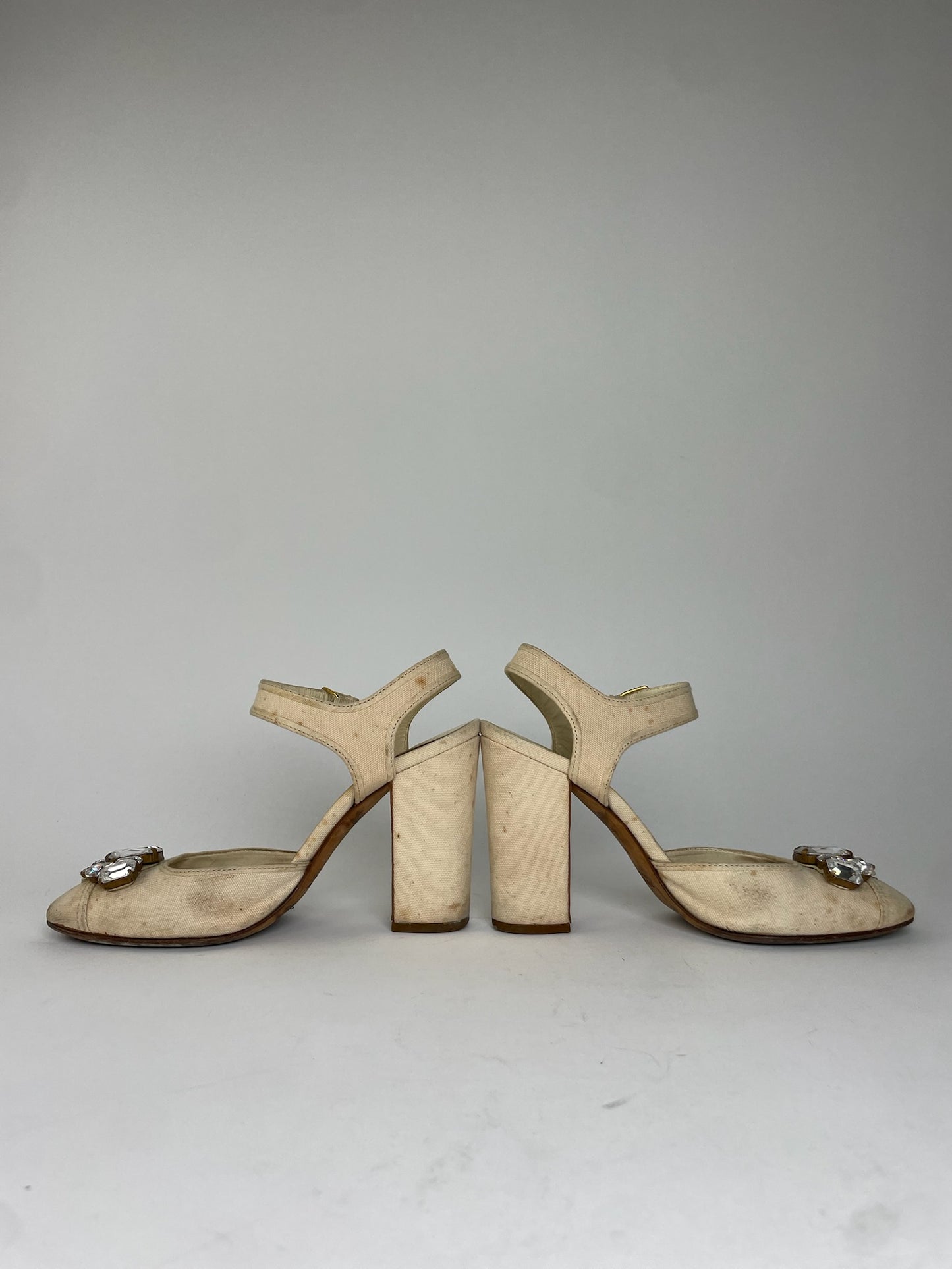 Miu Miu Leather Rhinestone Embellished Heels Beige