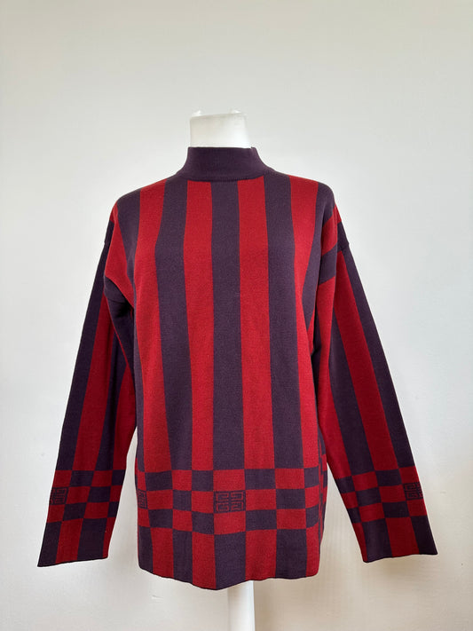 Vintage Givenchy 4G Logo Knit Mock Neck Sweater Striped Red Purple M