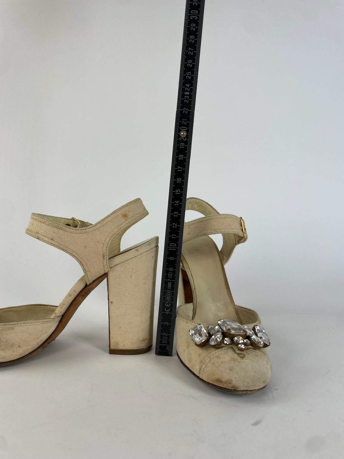 Miu Miu Leather Rhinestone Embellished Heels Beige