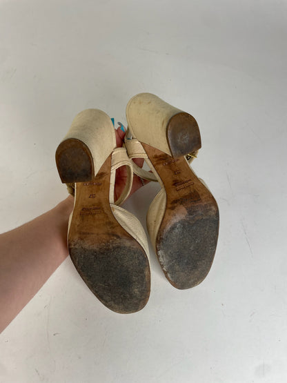 Miu Miu Leather Rhinestone Embellished Heels Beige