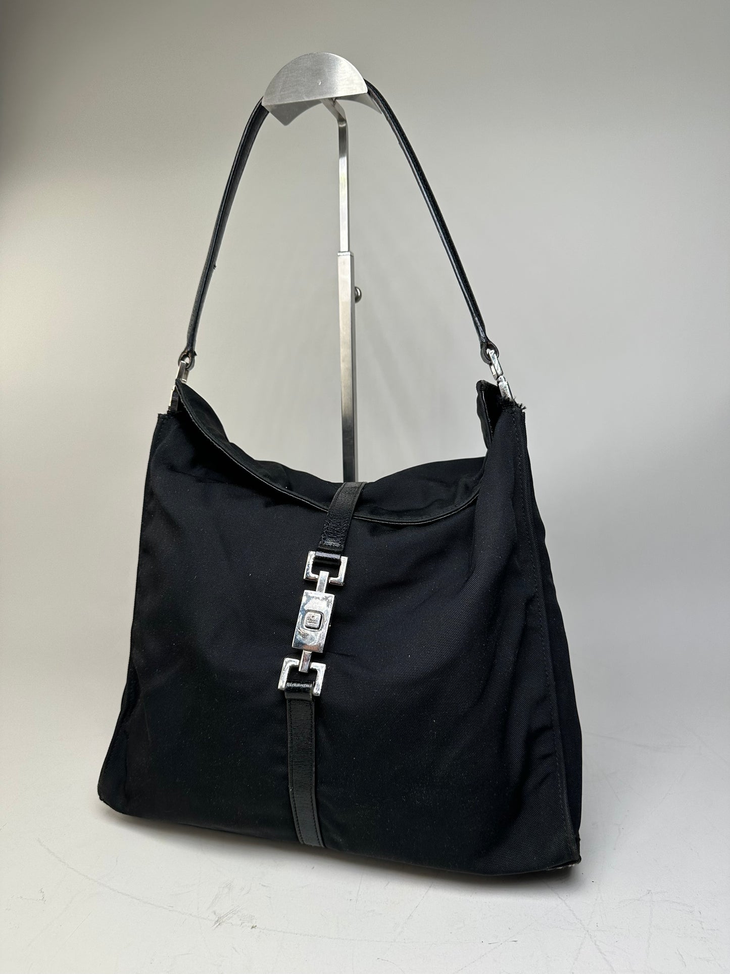 Vintage Gucci Nylon Hobo Bag Black Silver