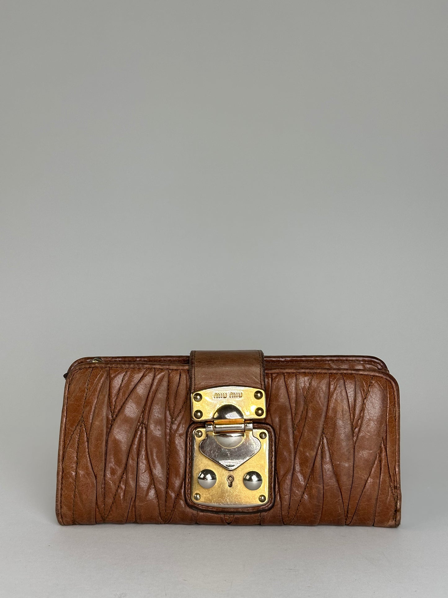 Vintage Miu Miu Matelasse Leather Long Wallet Cognac Brown