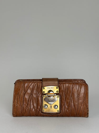 Vintage Miu Miu Matelasse Leather Long Wallet Cognac Brown
