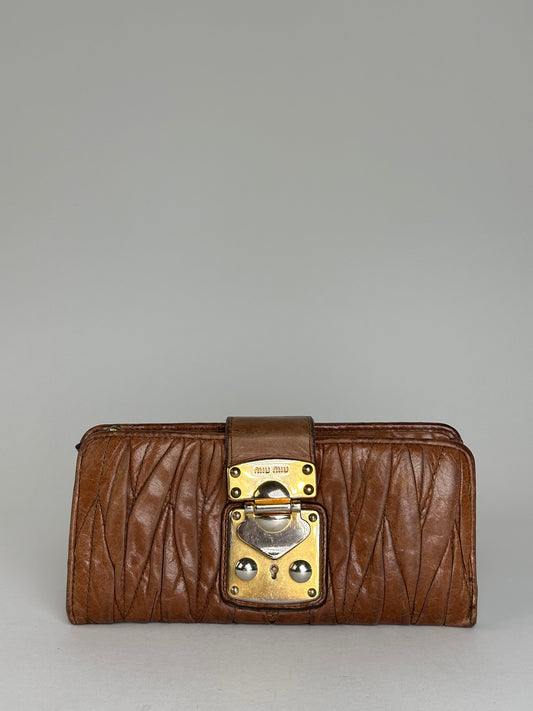 Vintage Miu Miu Matelasse Leather Long Wallet Cognac Brown